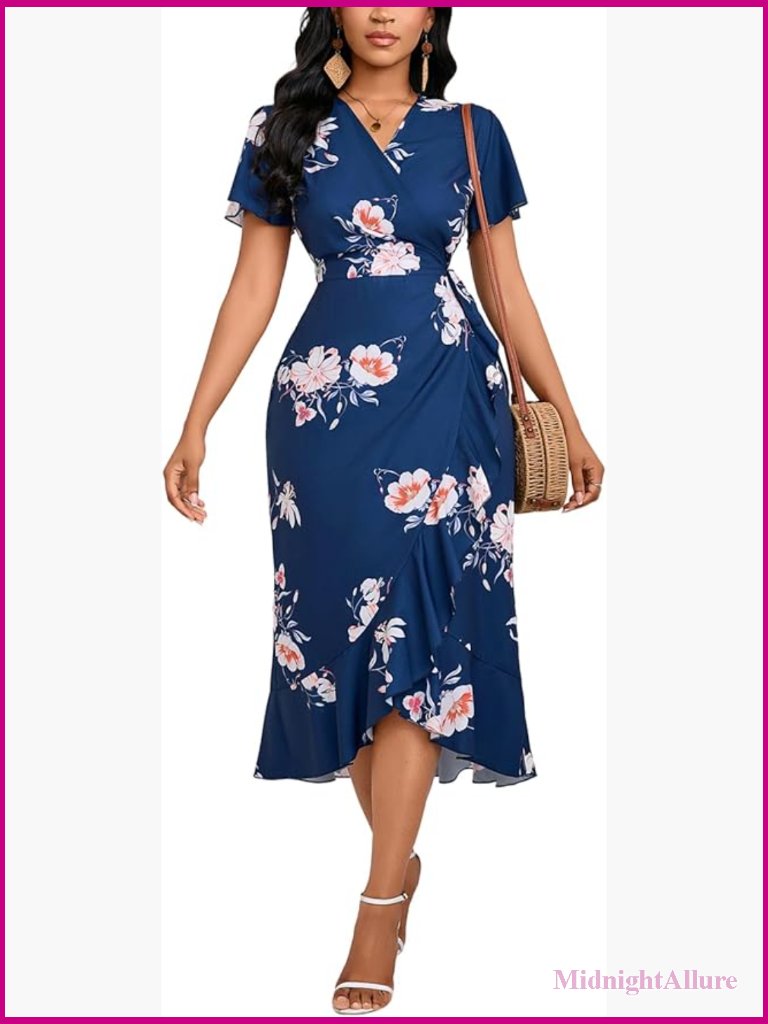 Women's Floral Wrap Maxi Dress Short Sleeve Ruffle Hem Lightweight